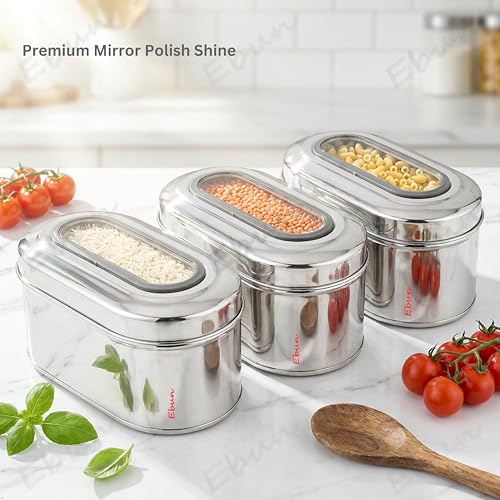 Image of Ebun Stainless Steel Top See Through Containers | Stainless Steel Container with Lid | Capsule Shape Steel Kitchen Containers Set | Steel Airtight Container | 750 Gms Capacity Approx | Pack of 3
