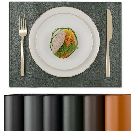 Image of Encasa XO Leather Dining Table Mats Set of 6 | Water Repellent & Heat Resistant Dining Table Mats | Washable & Easy to Clean Placemats for Kitchen Decor - 42x30 cm (Green)