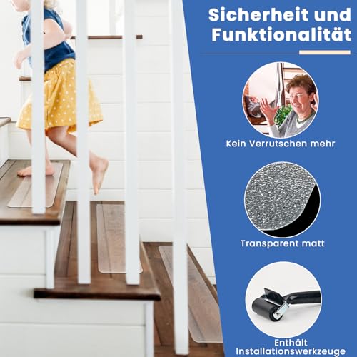 Homwiz Treppenstufen Matten Antirutsch Transparent, 15 Stück Stufenmatten Innen Selbstklebend, Anti Rutsch Teppich Treppenstufen für Schützen Sie Haustiere, Senioren Kinder (61x10 cm)