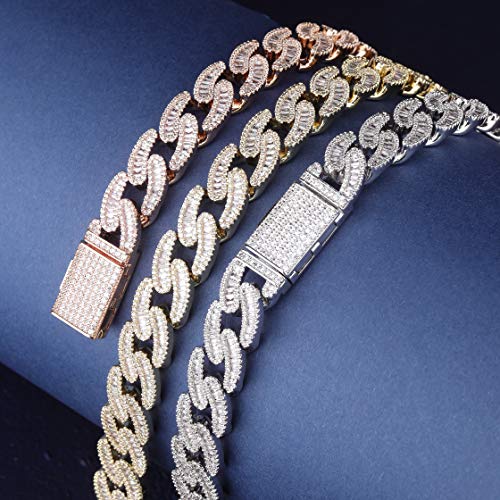 Topgrillz 14Mm Iced Out 6 Times 14K Gold Plated Custom Baguette Diamond Miami Cuban Link Chain Choker For Men With Box Clasp (Rose Gold And White Gold, 22) #TOP3