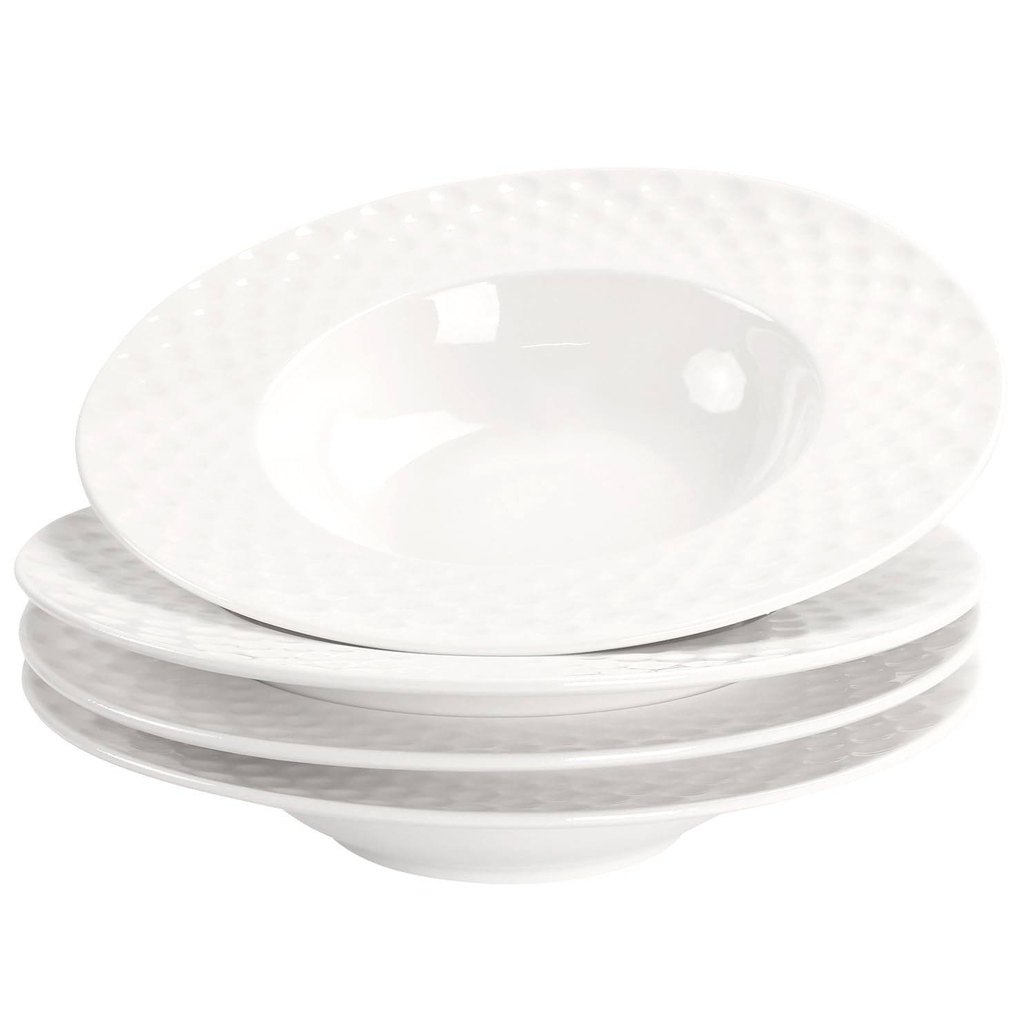Set of 4 Soup Bowls, Pasta Plates, White Salad Bowls, Embossed Porcelain Salad Bowls, 300ml, Microwave and Dishwasher Safe, Perfect for Foodies and Restaurants