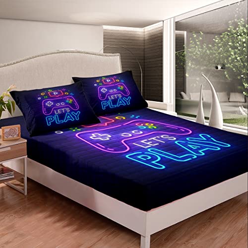 Gaming Gamer Bedding Sets Video Game Fitted Sheet for Boys Girls, Abstract Neon Style Gamepad Bed Sheets Geometry Brick Wall Design Bedding Decor Set Youth Man, Bedroom Decorations Full Size