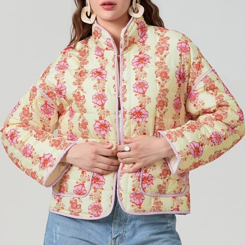 Muineobuka Women Y2k Quilted Jacket Long Sleeve Open Front Floral Lightweight Jacket Padded Quilted Cropped Cardigan Jackets2