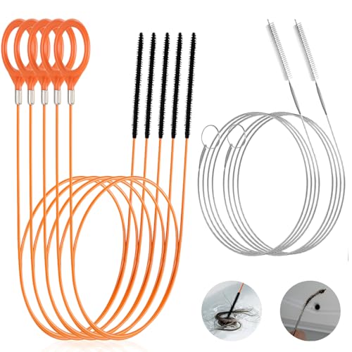 7 Piezas Desatascador Tuberias, Desatascador Fregadero Flexible Antirrotura de 76 cm y Cepillo de Limpieza de 150 cm Removedor de Cabello para Fregadero, Ducha, Bañera y Tuberías