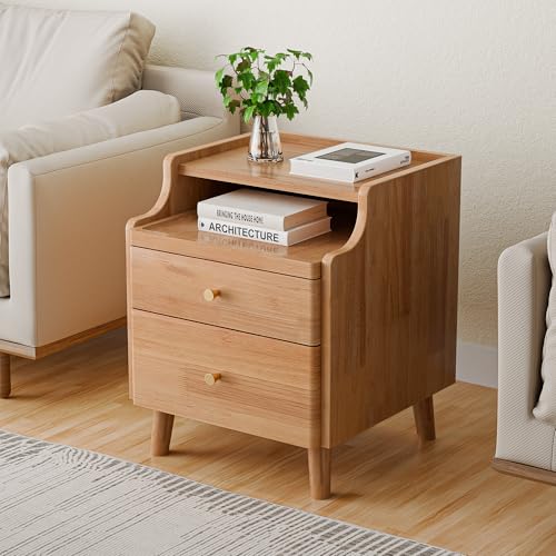 Image of Nightstand Set of 2, Pre-Assembled, 19.7 inchH Solid Wood Night Stand with 2 Drawers, Open Sliding Shelf, Mid Century Modern Small Bedside Table for Bedroom, Natural Oak 16 inch