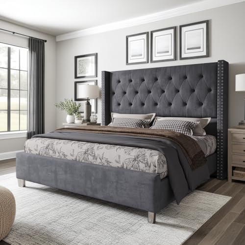 Jocisland Queen Bed Frame Upholstered Bed Wingback Headboard Velvet Tufted Diamond Button/No Box Spring Needed/Easy Assembly/Gray