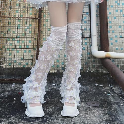 Image of SOLILOQUY Women Y2K Ruffle Lace Leg Warmer Kawaii Lolita Long Thigh High Socks Harajuku JK Tiered Sheer Tulle Boot Cuff Cover