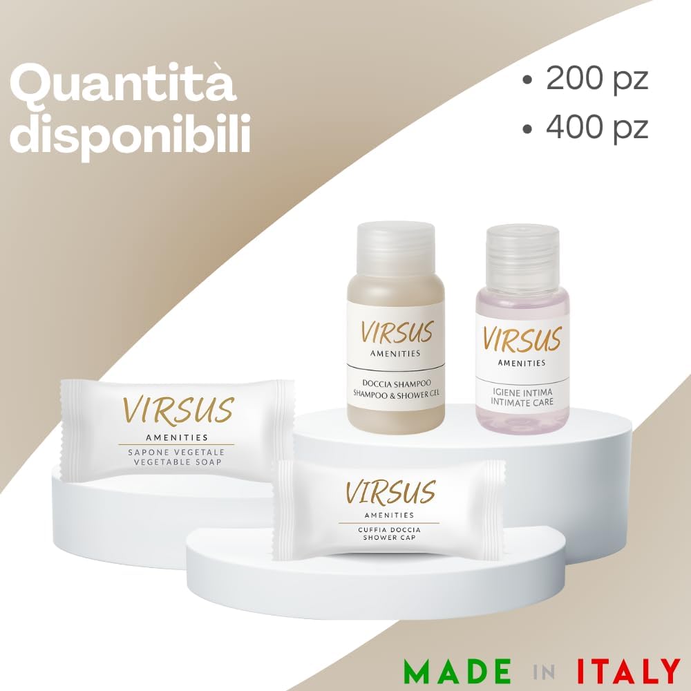 Virsus 200 Pezzi Kit Cortesia LUSSO: 50 Flaconi Igiene intima da 20ml, 50 Flaconi Doccia Shampoo da 20ml, 50 Saponette da 9gr, 50 cuffie monouso in bustina per Albergo Hotel B&B Host, Linea cortesia
