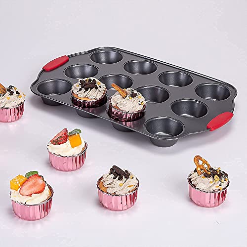 Nuovoo Baking Sheets For Oven, 7 Piece Cake Pans Sets Nonstick For Baking, Carbon Steel Bakeware Sets With Red Silicone Handles, Dark Grey, Baking Supplies For Donut Loaf Cupcake Biscuit Bread #TOP7