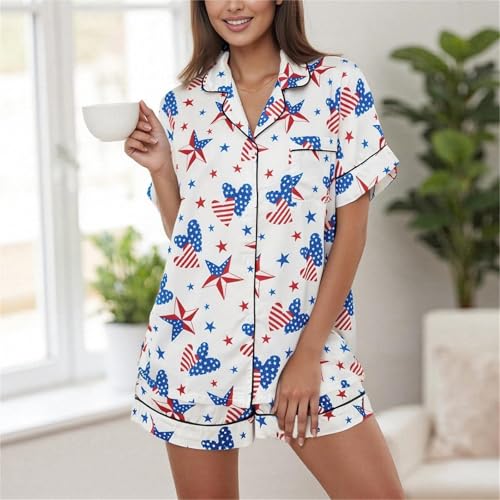 Image of iTranyee Women Silk Satin Pajama Shorts Set American Flag Short Sleeve Shirt Lounge Shorts Outfits 4th of July Loungewear