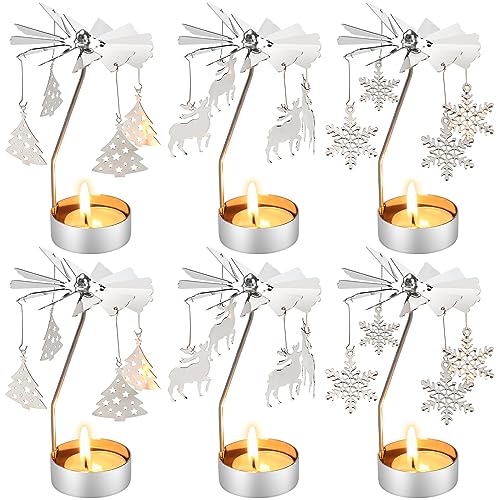 Zhehao 6 Pcs Christmas Spinning Candle Holder Reindeer Xmas Tree Snowflake Rotary Metal Candlesticks Silver Rotating Jar Candle Holder Ornament for Xmas Wedding Party Home Table Centerpiece Decor Gift