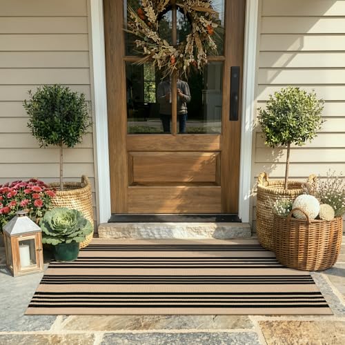 KIMODE Front Door Mats 24"x51", Black and Khaki Striped Layered