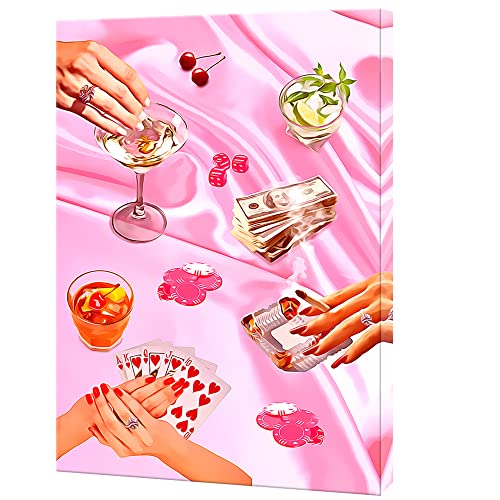 Hemolal Pink Luck Playing Cards Aesthetic Poster Funky Cocktail Dice Canvas Wall Art Vintage Poker Night Prints Painting Funny Casino Gambling Dice Chips Room Decor For Bar 12X16In Unframed #TOP2