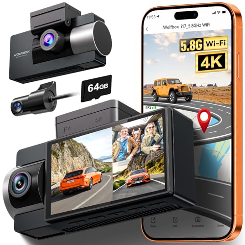WOLFBOX i17 4K 3 Channel Dash Cam, 5.8GHz WiFi & GPS with 64GB Card, 4K+1080P+1080P Dash Cam Front and Rear Inside, Triple Car Camera with 3 Inch Screen, IR Night Vision, WDR, 24H Parking Mode