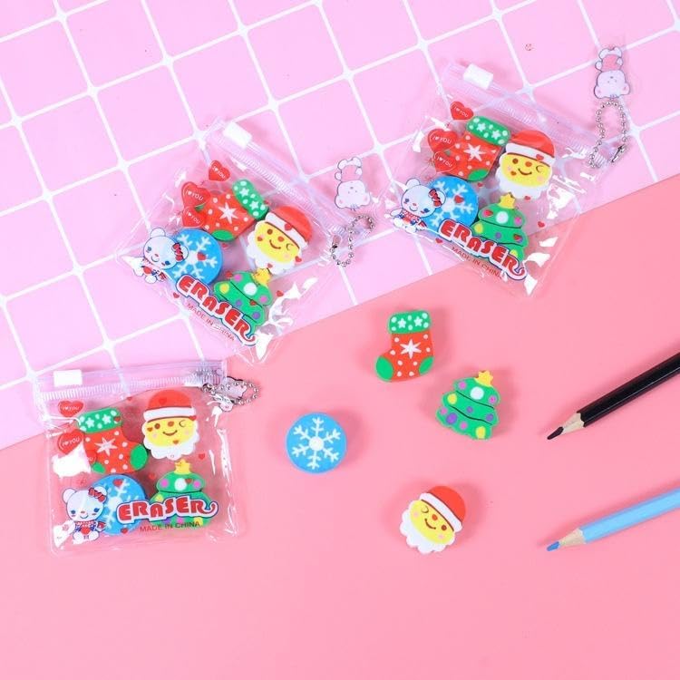 Christmas Cartoon Mini Erasers for Kids – Pack of 5 PVC Zipper Pouch with Keychain – Cute Santa, Snowman, Reindeer & Tree Eraser Set – Return Gift & School Stationery