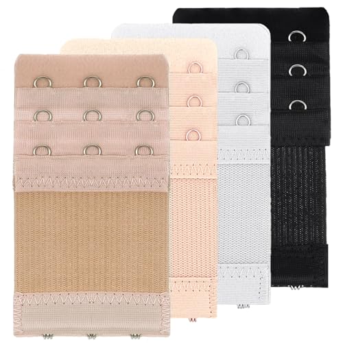 4 Pcs Women's Bra Extenders 3 Hooks 3 Rows, Elastic Bra Extenders, Soft Stretchy Back Bra Extension Strap, Adjustable Bra Extender (Black, White, Nude, Beige)