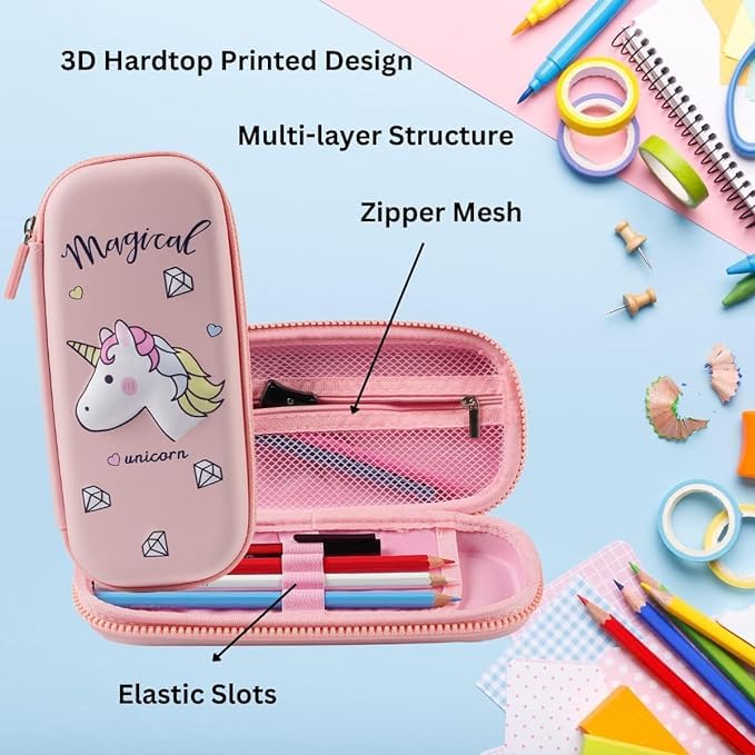 Image of 3D EVA EVA Design Embossed Hardtop Cover Pencil Case with Compartments, Pencil Pouch for Kids, School Supply Organizer, Geometry Stationery Box, Cosmetic Zip Pouch Bag (Small Unicorn Pouch)