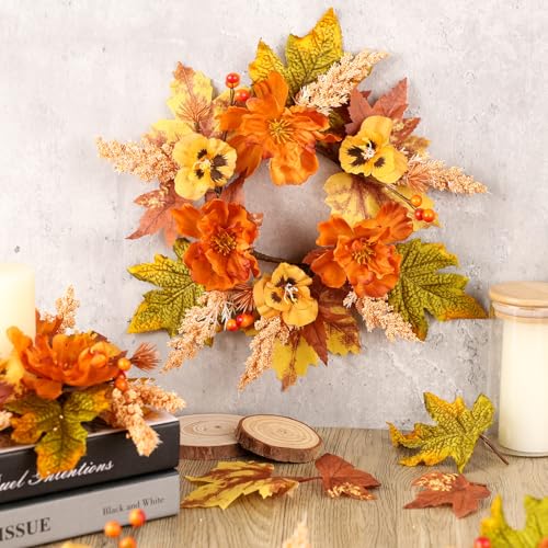 Image of 4 Pcs Fall Floral Candle Rings Mini Autumn Candle Rings Wreaths with Berries Table Centerpiece Fall Hanging Wreath for Farmhouse Table Front Door Indoor Decorations