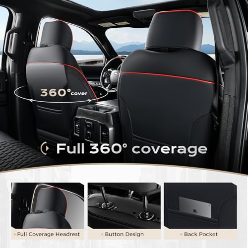 Image of Coverado Full Set Leather Car Seat Covers for F150,Waterproof Automotive Seat Covers for Cars,SUVs,Pickup Trucks,Compatible with 2015-2026 F150 SuperCrew,2017-2026 F250 F350 F450 Crew Cab, Black /Red