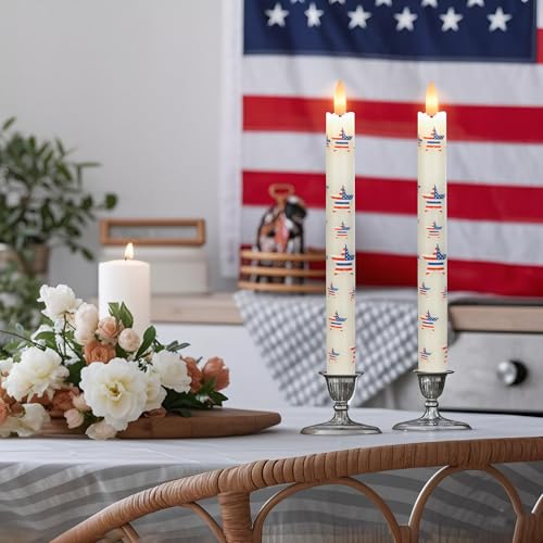 Image of JOIONE Patriotic Flameless Taper Candles with Remote, 3 Pack Star Sticker | Battery Operated, Star Stickers, Real Wax, Remote Control, Warm Flickering Glow, 4th of July Independence Day Party Decor