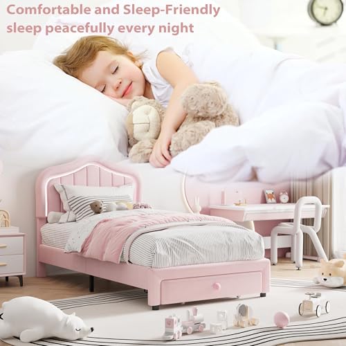 Image of GarveeLife Upholstered Platform Bed Frame with Storage Drawers, Smart RGB LED Crown Headboard, Wooden Slat Support, No Box Spring Needed, Noise-Free, Easy Assembly for Kids, Twin Pink