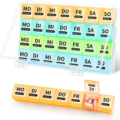 Opret Tablettenbox Monat 28 Tage, 4 Wochen Pillendose, je 7 großen Fächer | Pillenbox 28 Tage, 4 herausnehmbare Wochenboxen, Medikamentenbox für Vitamine und Fischölkapseln, Außenb