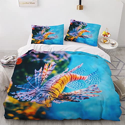 NUYSP Housse de Couette 140x200 avec Fermeture Éclair Poisson Volant Parure de Lit 1 Personne avec 2 Taies d'oreiller 50x75cm Monde sous Marin 3D Imprimé Enfant Housse de Couette en Microfibre