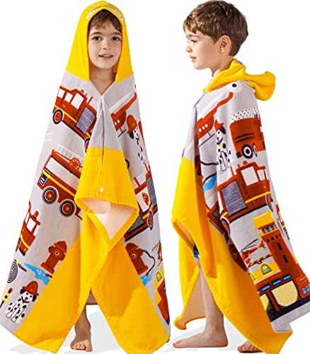 VOOVA & MOVAS Kids Hooded BathTowels | Soft Thick Absorbent Cotton (30X50 inches) Beach | Pool | Bath Towels, Boys Ages 3-10, for Toddler, Yellow Fire Truck