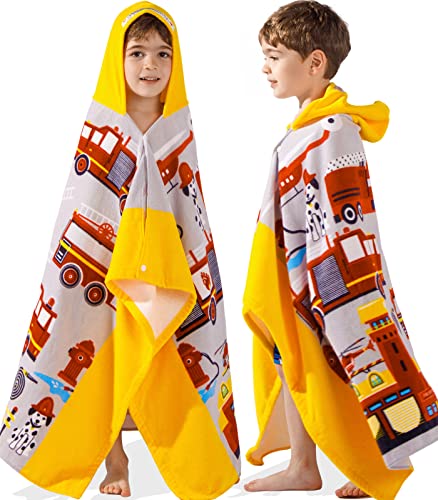 Voova & Movas Kids Hooded Bathtowels | Soft Thick Absorbent Cotton (30X50 Inches) Beach | Pool | Bath Towels, Boys Ages 3-10, For Toddler, Yellow Fire Truck #TOP19