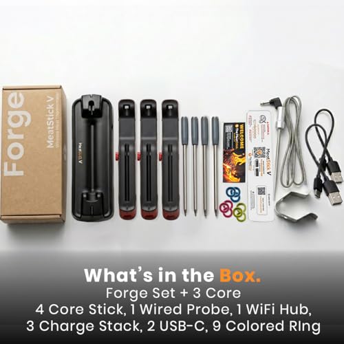 Image of MeatStick V Forge 4-Probe Set Wireless Meat Thermometer - WiFi BBQ Thermometer with Wired Grate-Level Ambient Probe, 5 Sensors, 50+ Hr Battery, 1200F, for Smokers & Pellet Grills