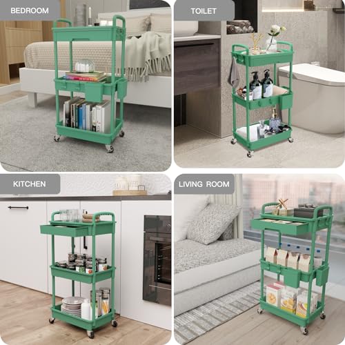 Image of REBECAT 3 Tier Rolling Utility Cart with Drawer,Rolling Storage Cart,Storage Cart for Kitchen,Bathroom,Living Room, Organizer with Iron Wheels(Green)
