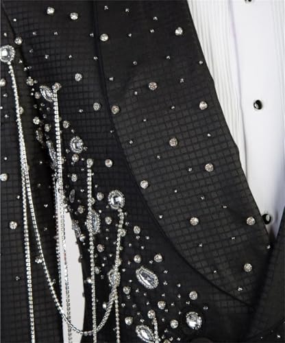 Men's Black Tuxedo Luxury Handmade Rhinestone Blazer Slim Fit Peak Lapel Double Breasted Jacket for Dinner Prom4