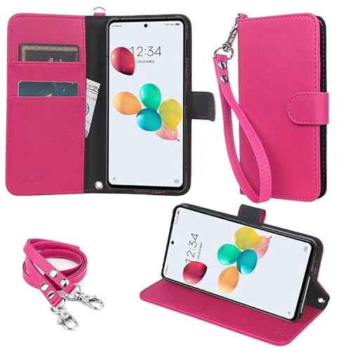 wisers あんしんファミリースマホ ケース 手帳型 スマホケース 対応 (ピンク) (カードホルダー/スタンド機能付き) ストラップ 2種付き (ハンドストラップ/ネックストラップ) 2024年 新型