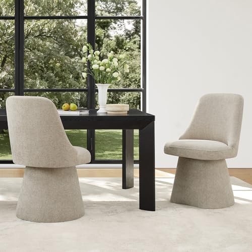 Image of KISLOT Swivel Dining Chairs Set of 2, Upholstered Mid Century Modern Deskchair with High Back, Linen Fabric Kitchen Chairs for Dining Room, Bedroom, Dressing Room, Khaki