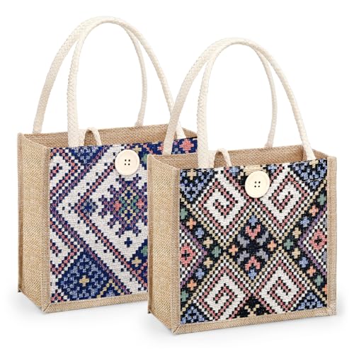 HSOOVZN Small Tote Bag Women,2 Pack Tote's Handbag Jute Embroidered