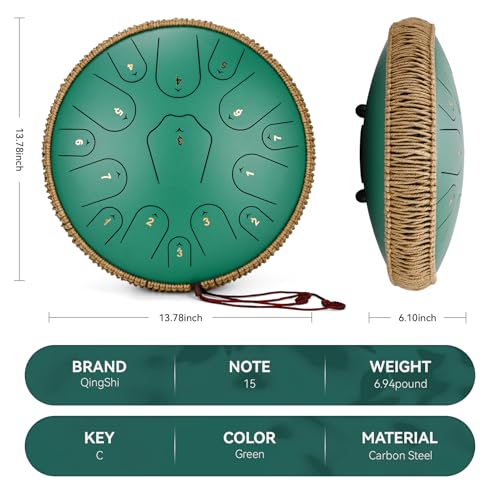 Image of Steel Tongue Drum-14 Inch 15 Notes Tongue Drums, Steel Drum Instrument for Adults, Handpan Drums with Music Book, Handpan Drum Mallet, and Carry Bag, C Major (Green)