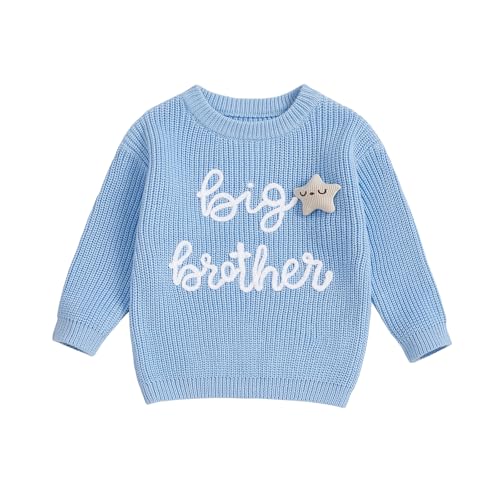 Toddler Baby Boy Fall Outfit Knit Sweater Star Decor Big Brother Bro Letter Embroidery Top Sweatshirt Infant Clothes (Color Blue 18-24 Months)