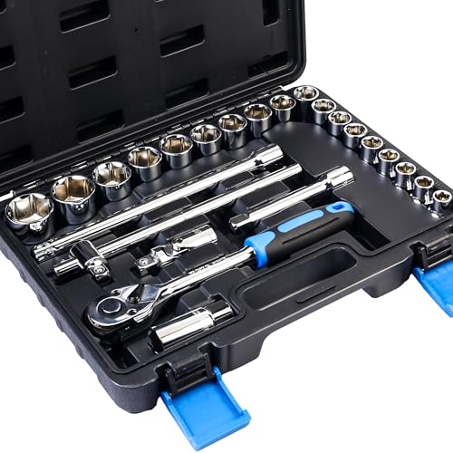 Image of Tata Agrico 24-in-1 Heavy Duty 1 /2 Inch Drive Socket Set | Hex & Bit Sockets with Ratchet Wrench | Extension Bars, Universal Joint, Spinner Handle | Mechanic Tool Kit with Storage Case | SCS003