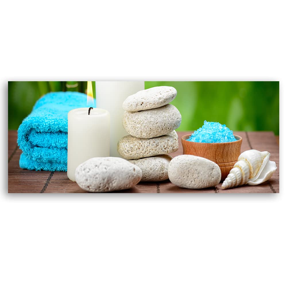 Feeby Vlies Leinwandbild Entspannung Badesalz Zensteine Spa 150x50 cm Wanddeko Design Kunstdruck Zimmerdeko Bilderwand Muschel Kerzen Friedlichkeit Blau