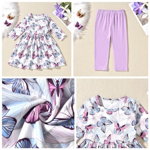 Image of fioukiay Toddler Girls Fall Clothes Set Little Girls Butterfly Tunic Tops Leggings Outfit Boutique Clothing(Purple, 2T)