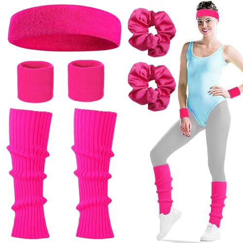 LEOEASIY Disfarce anos 80 mulheres, fato dos anos 80 acessórios para mulher, conjunto com faixa desportiva, pulseiras, aquecedores de pernas, disfarces de carnaval acessórios para festas temáticas dos