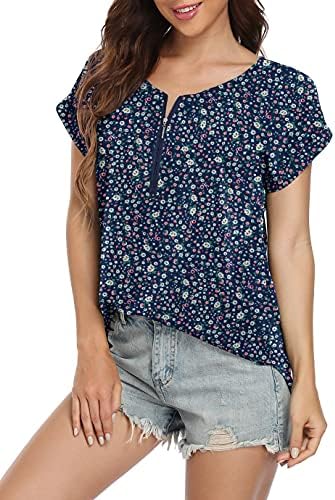 VIISHOW Women's Casual Sleeve Round Blouse Top,Flower Navy Blue,Small