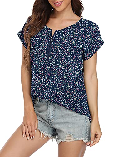Viishow Women's Casual Sleeve Round Blouse Top,Flower Navy Blue,Small #TOP14