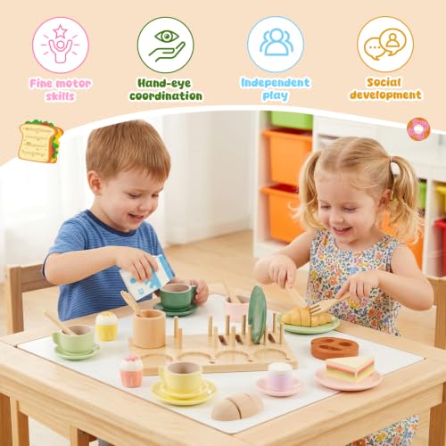Image of GAGAKU Wooden Play Kitchen Accessories - 25Pcs Montessori Play Dishes Set with Integrated Storage Stand, Bright Color Plates & Bowls, Pretend Cooking Toys for Ages 3-5, Educational Gift for Toddler