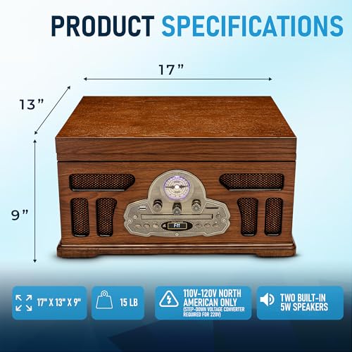 SoundBeast All-in-One Turntable with 3-Speed Record Player, Bluetooth, CD, Cassette Tape, AM/FM Radio, USB, Built-in Speakers, Handmade Wooden Exterior