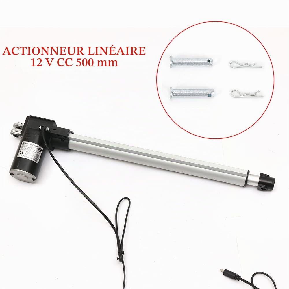 Actionneur linéaire 12 V CC - Moteur linéaire - 500 mm - Course : 600 kg - Traction : 400 kg - Classe de protection IP44