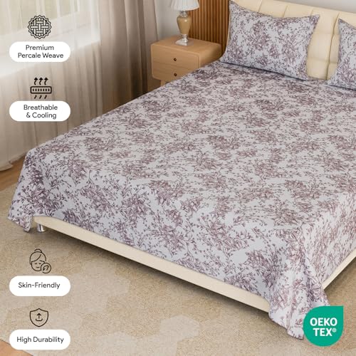 Image of LINENWALAS 100% Cotton Twill Double Size Bedsheet with 2 Pillowcovers | Soft, Breathable & Floral Printed Bedsheet for Double Bed |300 TC | Wrinkle-Resistant,Fade-Proof (229 x 254 CM,Brown Botanical)