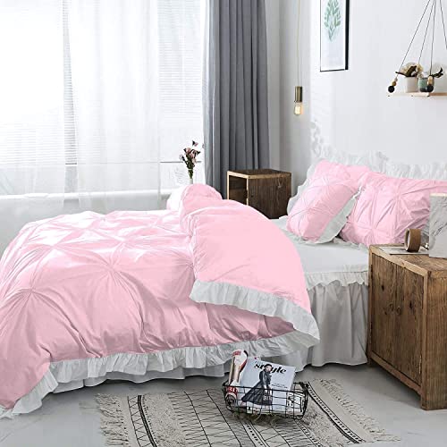 Image of 300 TC Pinch Ruffle 2 Tone Duvet /Razai /Blanket Cover with 2 Pillow Cover- 100% Cotton (Zipper Closure) Razai Cover 3 PC Set, Soft & Lightweight-Double Size White /Pink