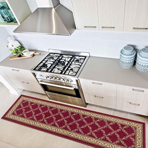 Ottomanson Machine Washable Trellis Design Non-Slip Rubberback 2x7 Modern Runner Rug for Hallway, Kitchen, Living Room, Bedroom, 1'10" x 7', Red Trellis Cover