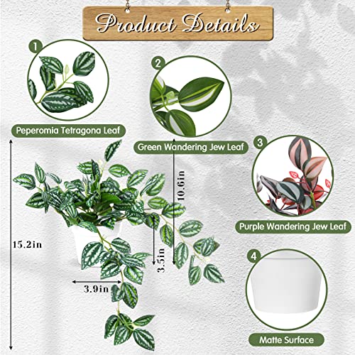 Retrowavy Fake Potted Plants,15.2 Inch Artificial Hanging Plants In Pot, Faux Peperomia Watermelon Plants Bushes For Office Home Bedroom Living Room Shelf Indoor Outdoor (White, 4 Pcs) #TOP1
